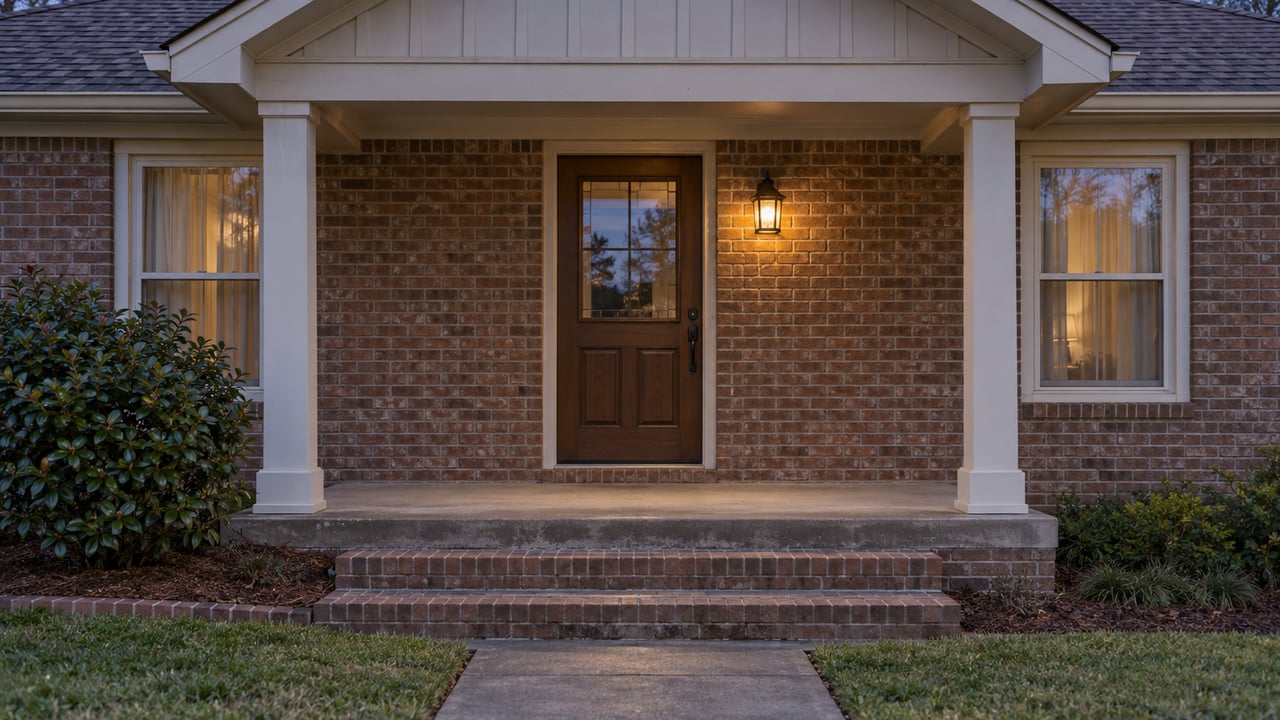 Brick home's gabled front porch at blue hour, with ivory posts, a wood door, brick steps and a softly glowing lantern.