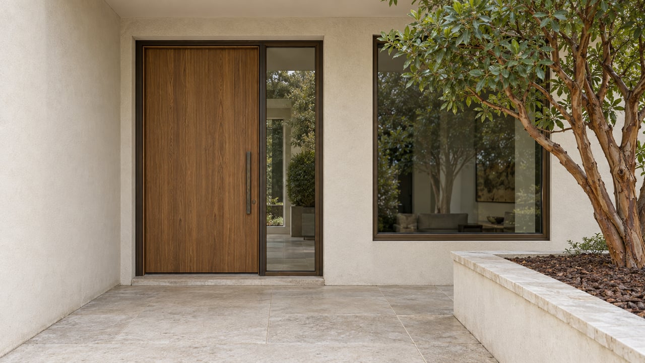 Modern home entrance with a wide wood door, glass sidelight, and raised tree planter.