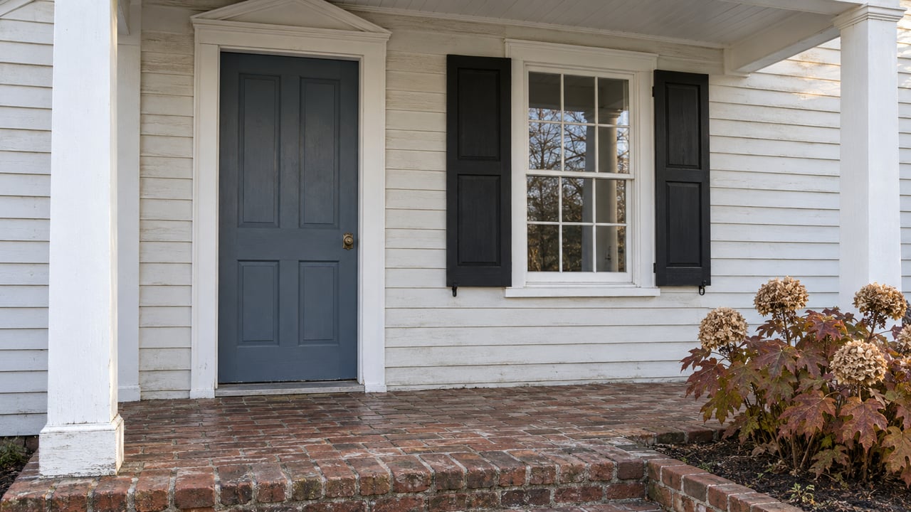 Slate-blue front door and shuttered window on a white clapboard porch, with worn brick steps and russet oakleaf hydrangea.