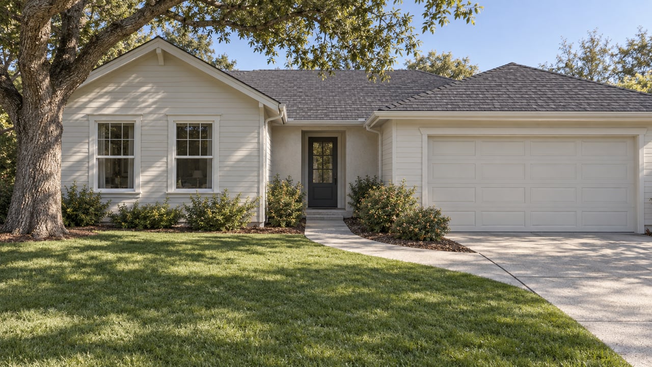 Light-sided gabled home behind a deep front lawn, with a mature oak and a curved concrete approach.