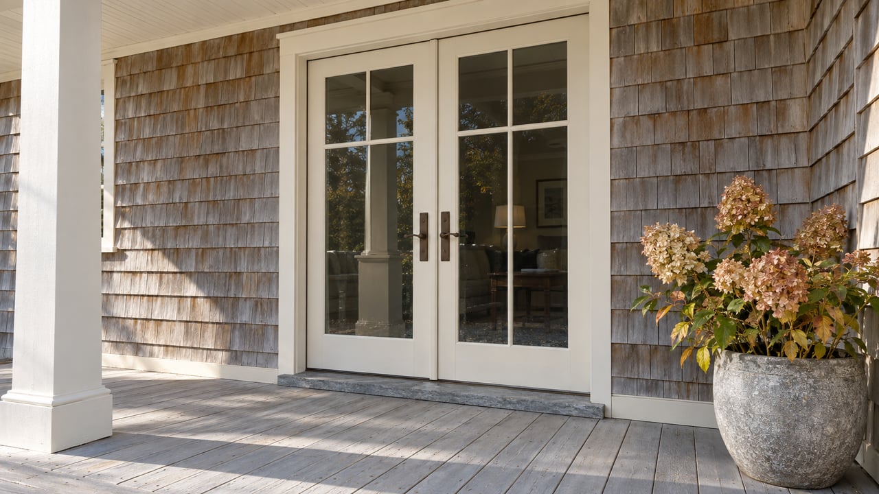 Weathered cedar shingles and paired glass entry doors beside an autumn hydrangea on a painted covered deck.