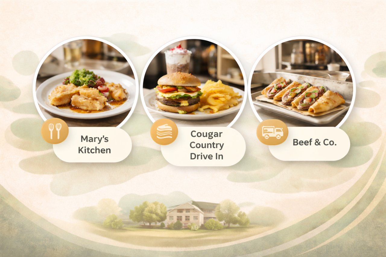 Clean modern graphic for Best Food in Pullman WA featuring Mary’s Kitchen, Cougar Country Drive In, and Beef & Co. with subtle food icons