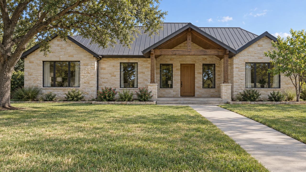 An established limestone home with a charcoal metal roof, recessed timber porch, deep front lawn and mature live oak in afternoon sunlight.