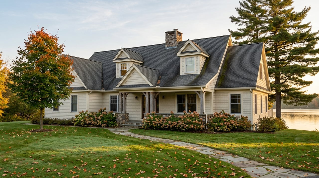 Cream shingle-style lake house with a stone chimney, autumn maple, curving flagstone path, and lake beyond.
