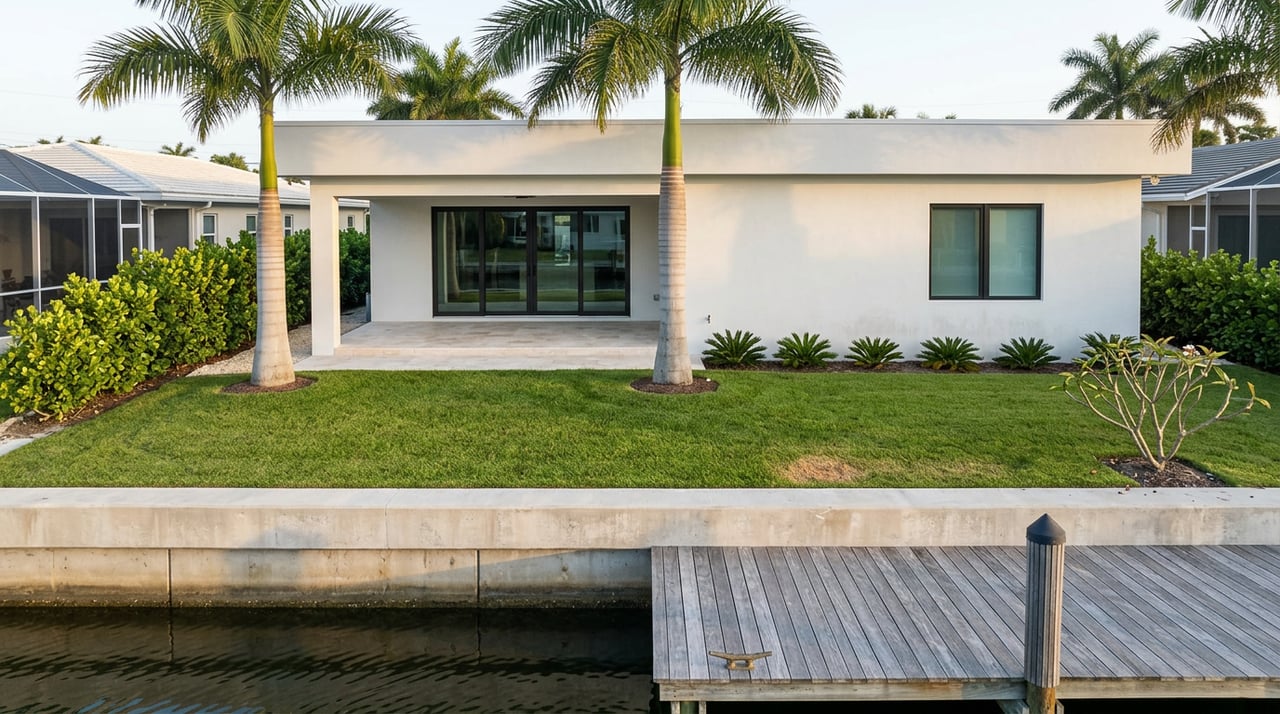 White stucco waterfront home with a covered lanai, palms, lawn, and dock beside a narrow canal.