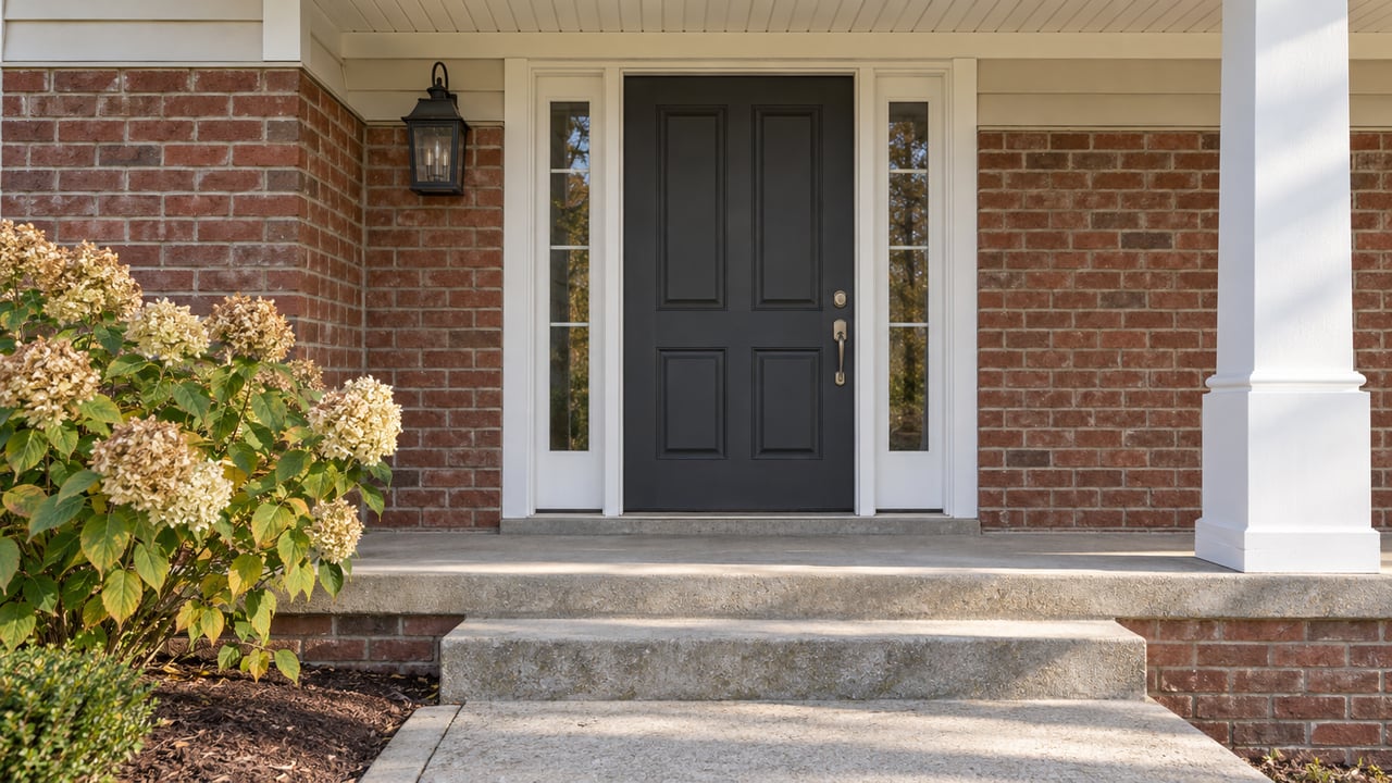 Covered entry of a cream-sided brick home with a charcoal door, paired sidelights, concrete steps and drying hydrangea flowers.