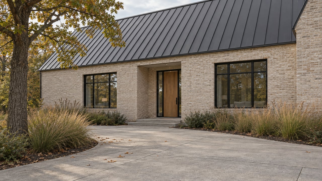 Pale brick house with a recessed oak entrance, charcoal gable roof, curved concrete court, and oak tree.