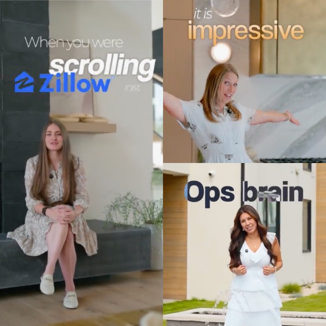 A collage of three Foundry Group agents filmed in professional video settings with branded text overlays including "scrolling Zillow," "it is impressive," and "Ops brain"