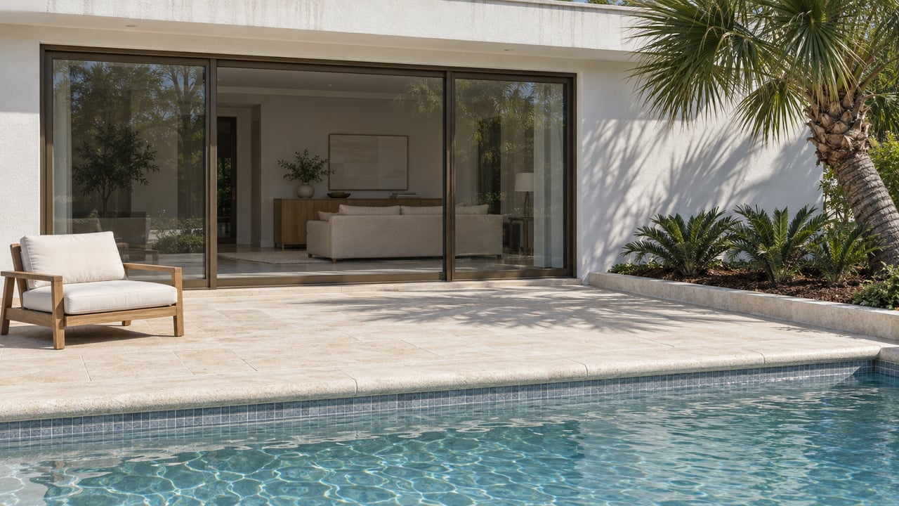 Sunlit limestone pool terrace beside a white stucco home with bronze-framed glass doors, a teak lounge chair and a mature palm.