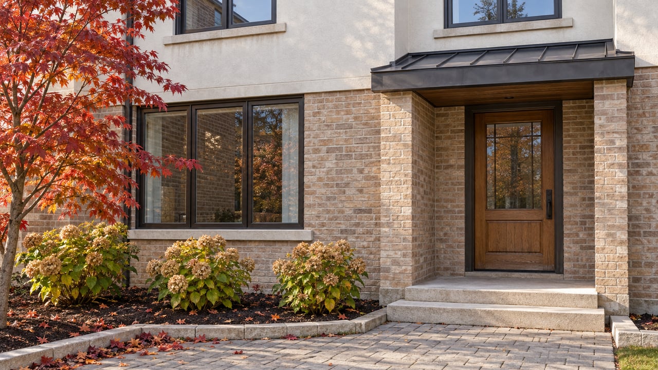 Buff-brick and warm-white stucco home entrance with an oak door, limestone steps and autumn planting.