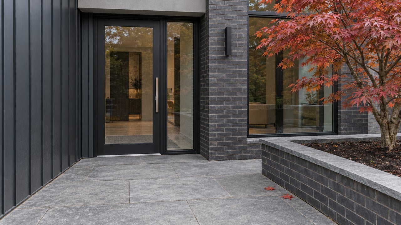Contemporary residential entrance with charcoal brick, ribbed black metal, gray stone paving and copper-red maple foliage.