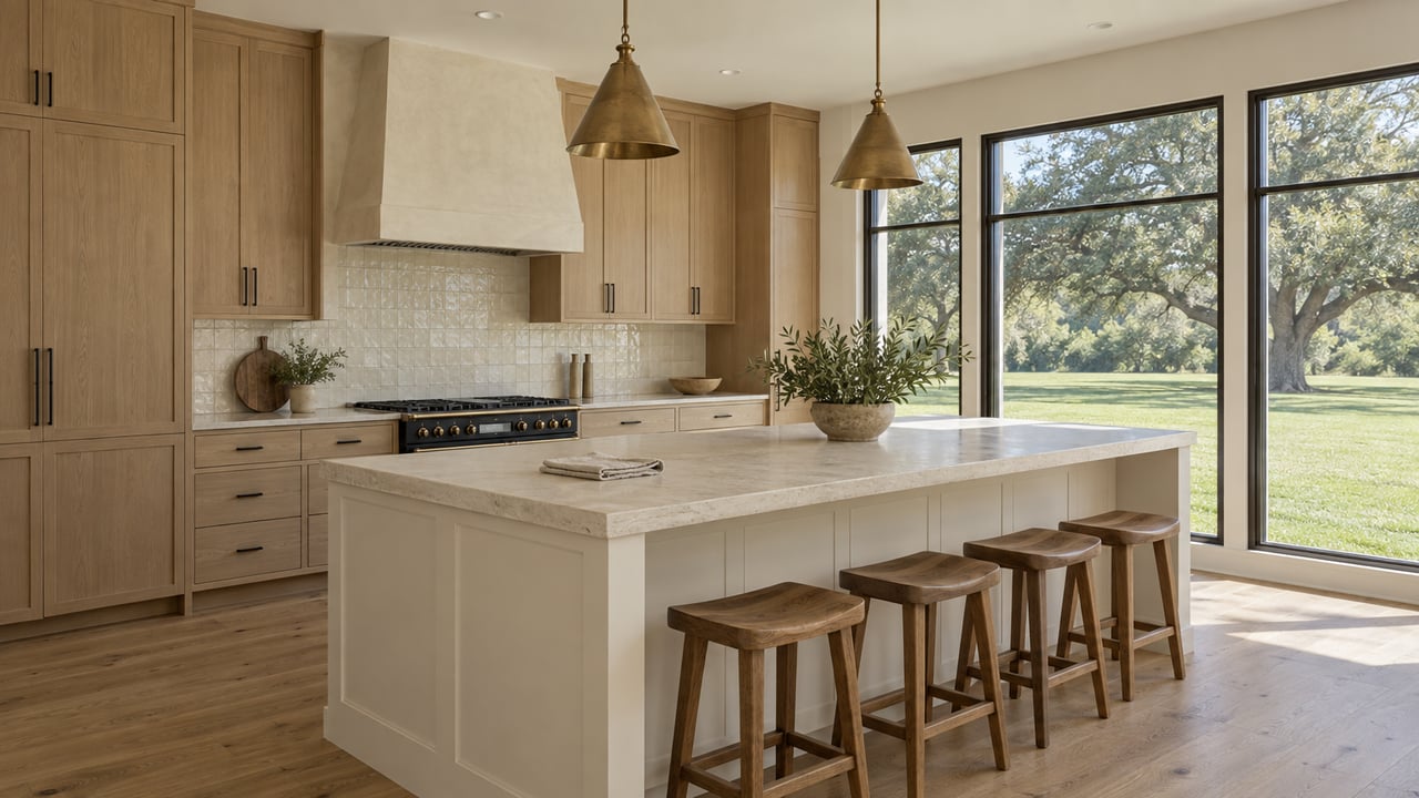 Kitchen with a pale stone island, light-oak cabinets, brass pendants, and windows overlooking a lawn and mature oak.