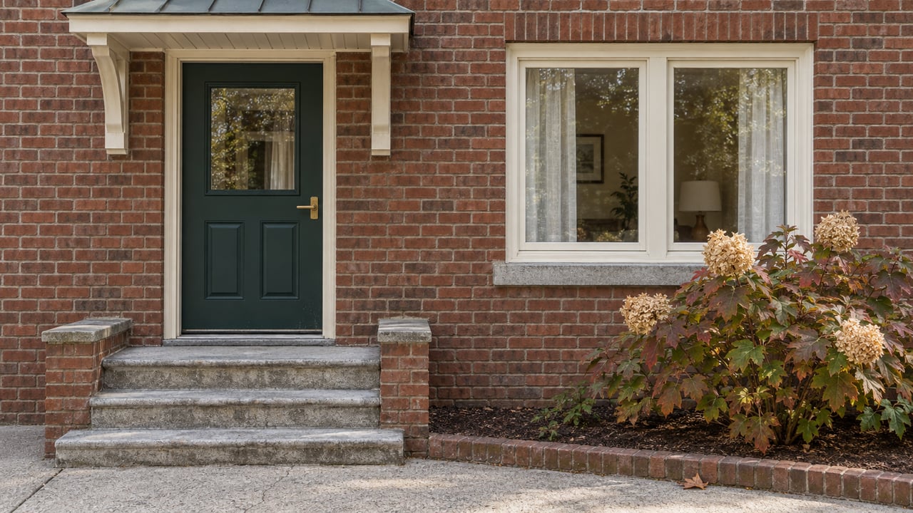 A dark green front door and cream-framed window in a weathered brick facade, above limestone steps beside an autumn oakleaf hydrangea.
