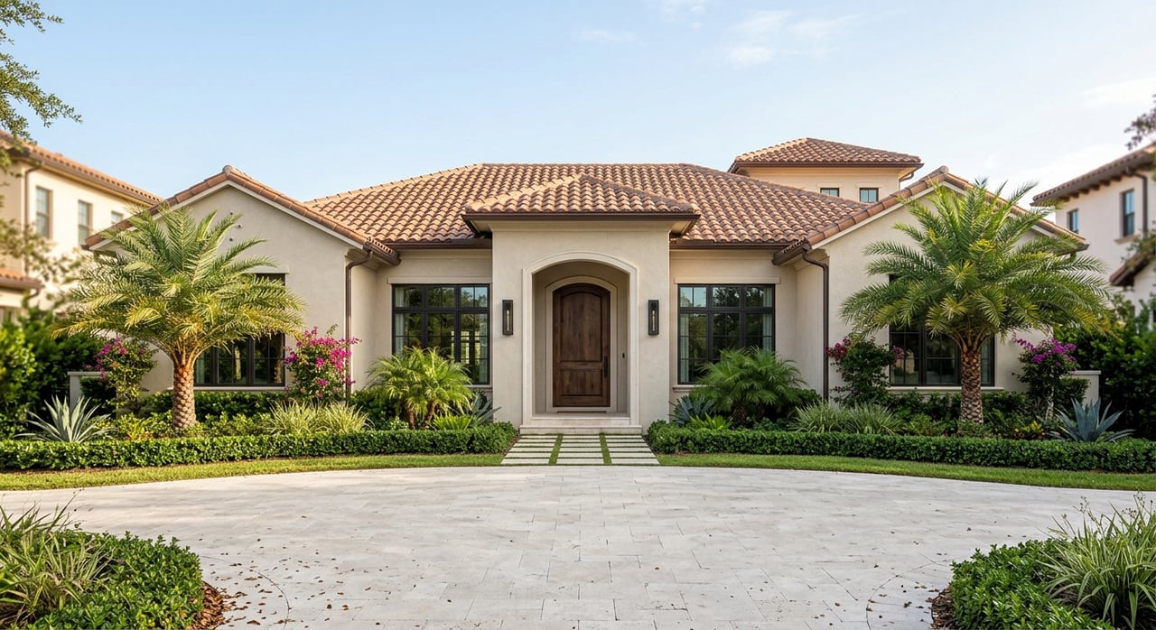 Mediterranean stucco home with terracotta roof, arched entry, royal palms, and red-budded flowering shrubs.