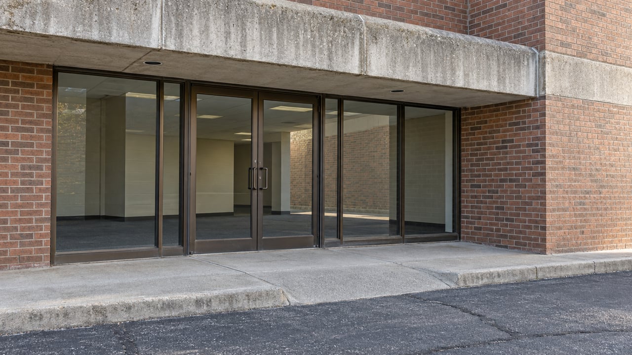Weathered brick commercial entrance with a concrete canopy, bronze-framed glass doors and a paved access apron.