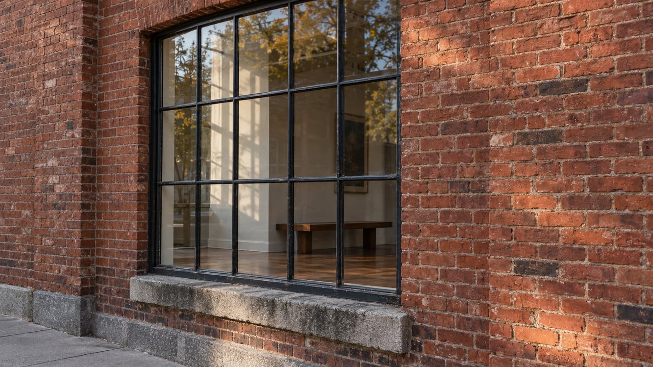 Tall black steel window set in weathered red-orange brick, with a shallow brick arch and granite sill.