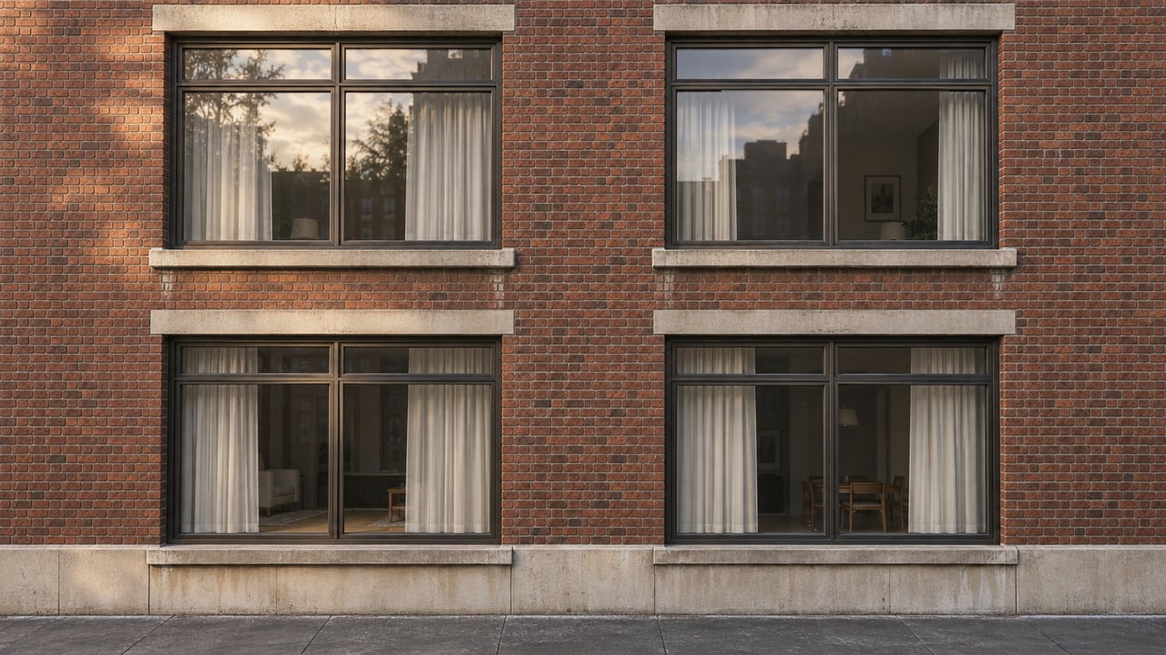 Russet brick apartment facade with four bronze-framed windows, weathered limestone sills and a narrow paved approach.