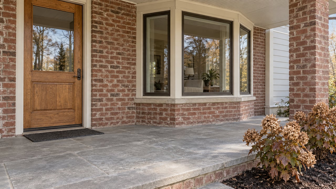 Covered brick-home porch with a warm oak door, glazed bay window, limestone floor and bronze-leaved oakleaf hydrangeas.