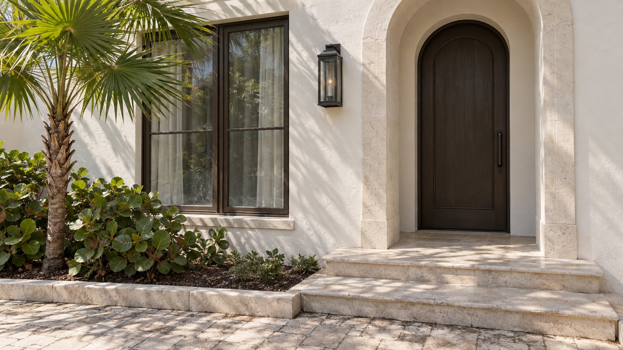 Villa entry with an arched dark door, paired window, limestone steps, and a small palm.