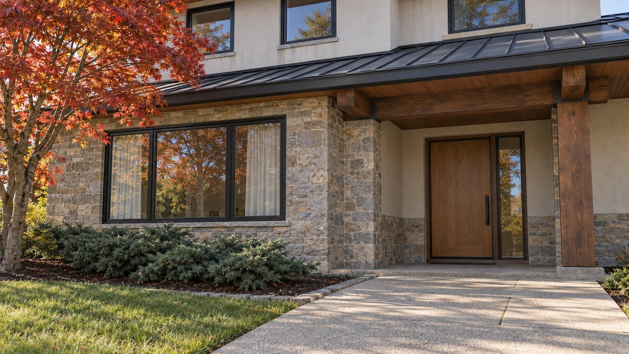 Warm afternoon light crosses a stone-and-stucco home with timber eaves, an oak front door and autumn maple foliage.