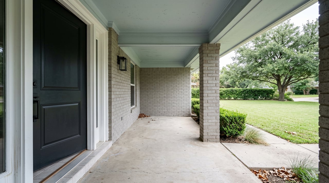 Open charcoal door frames a covered porch, clipped hedge, lawn, and mature tree beyond.