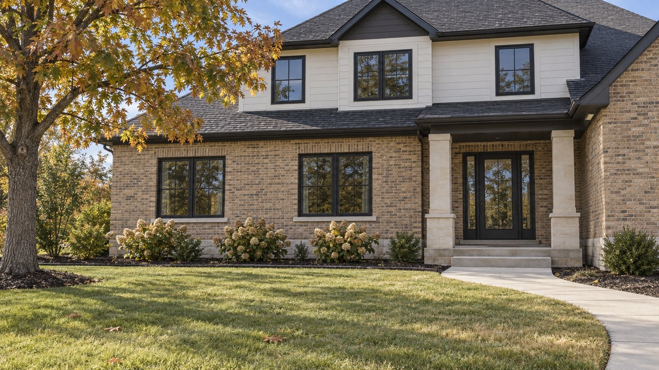 Buff-brick and warm-white two-story home beyond a broad lawn, with black-framed windows, a limestone entry and autumn oak foliage.