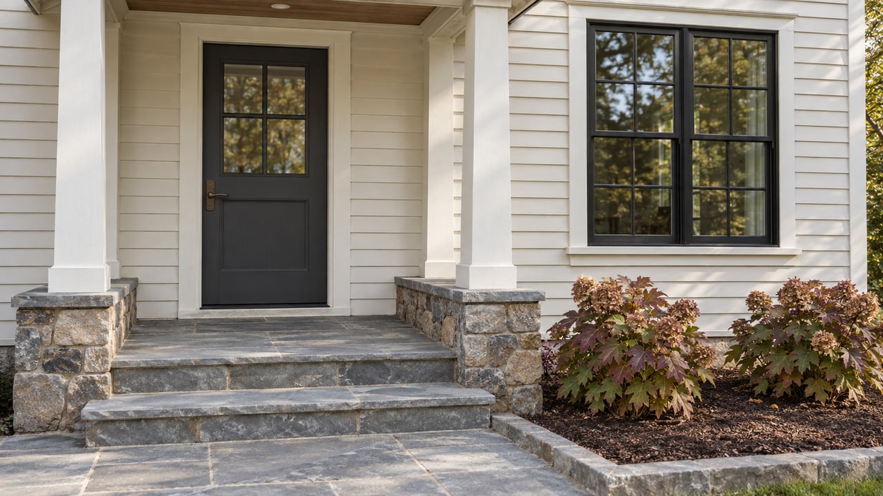 Painted clapboard home entrance with black divided-light glazing, bluestone steps, and burgundy oakleaf hydrangeas in autumn.