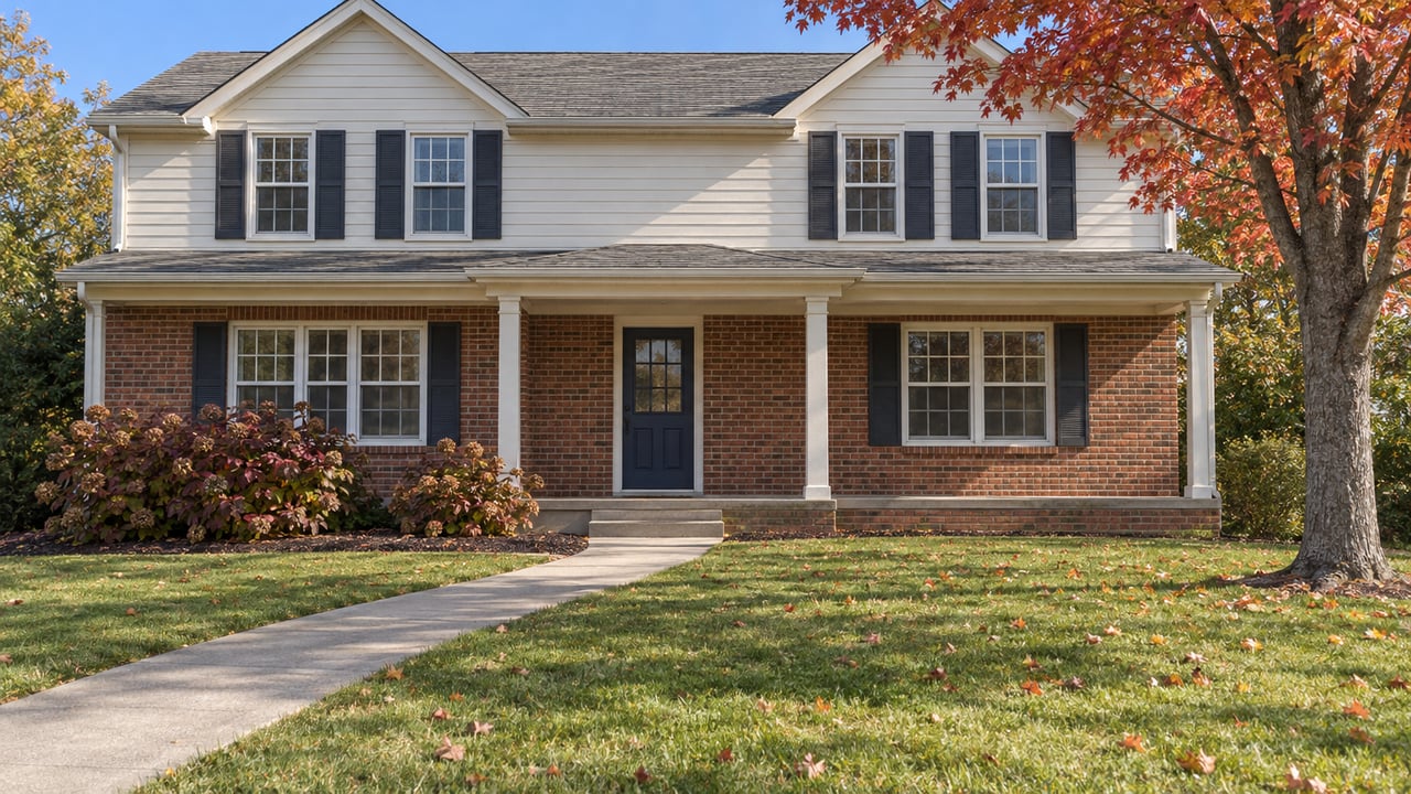 Brick-and-clapboard two-story home with a covered porch, broad lawn and red maple in autumn daylight.