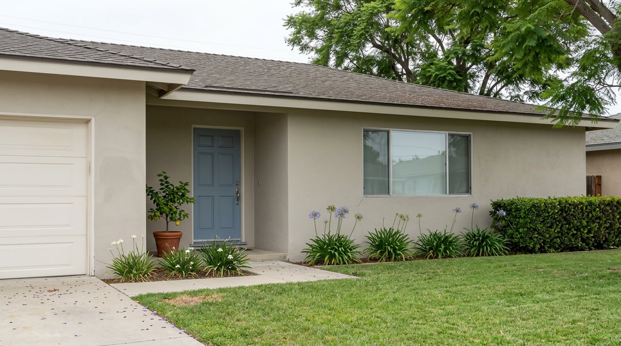 Single-story stucco ranch with slate-blue entry, broad window, concrete walk, and leafy jacaranda canopy.