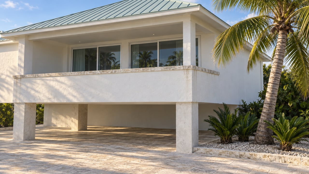 Elevated white waterfront home with a seafoam metal roof, shaded balcony, limestone terrace and a sculptural coconut palm.