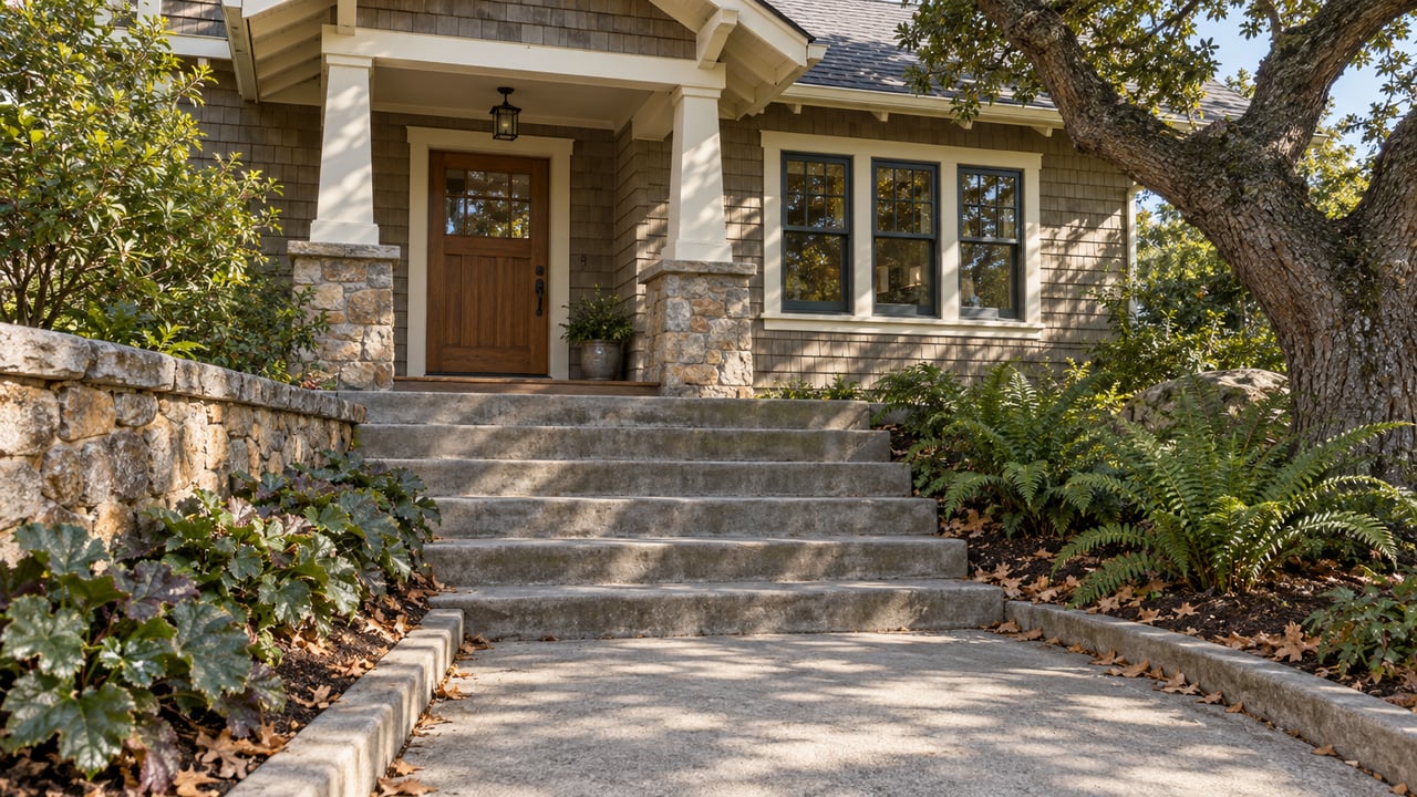 A shingled house with a raised porch, worn concrete steps, a stone garden terrace and a mature oak in morning light.