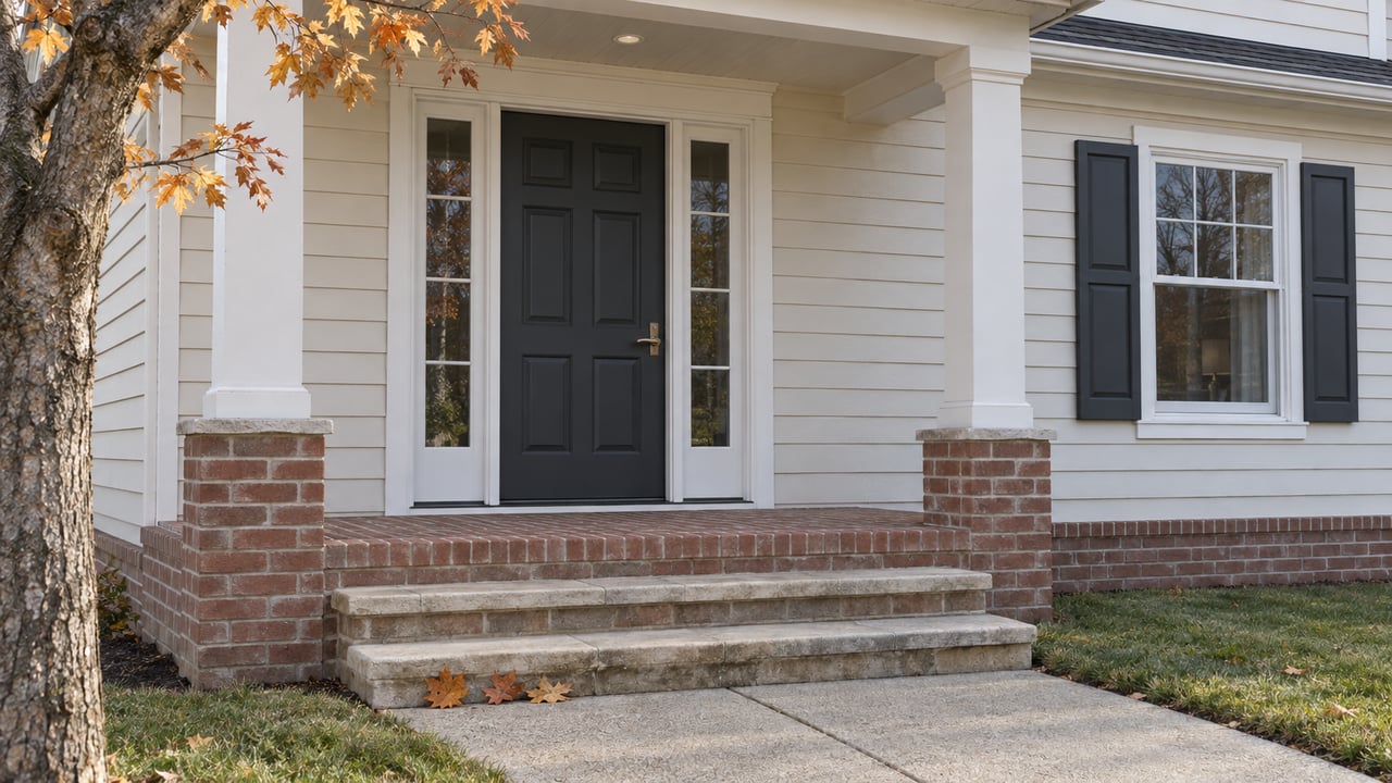 An ivory clapboard home entrance with a charcoal door, paired sidelights, brick porch and worn limestone steps beneath amber maple leaves.