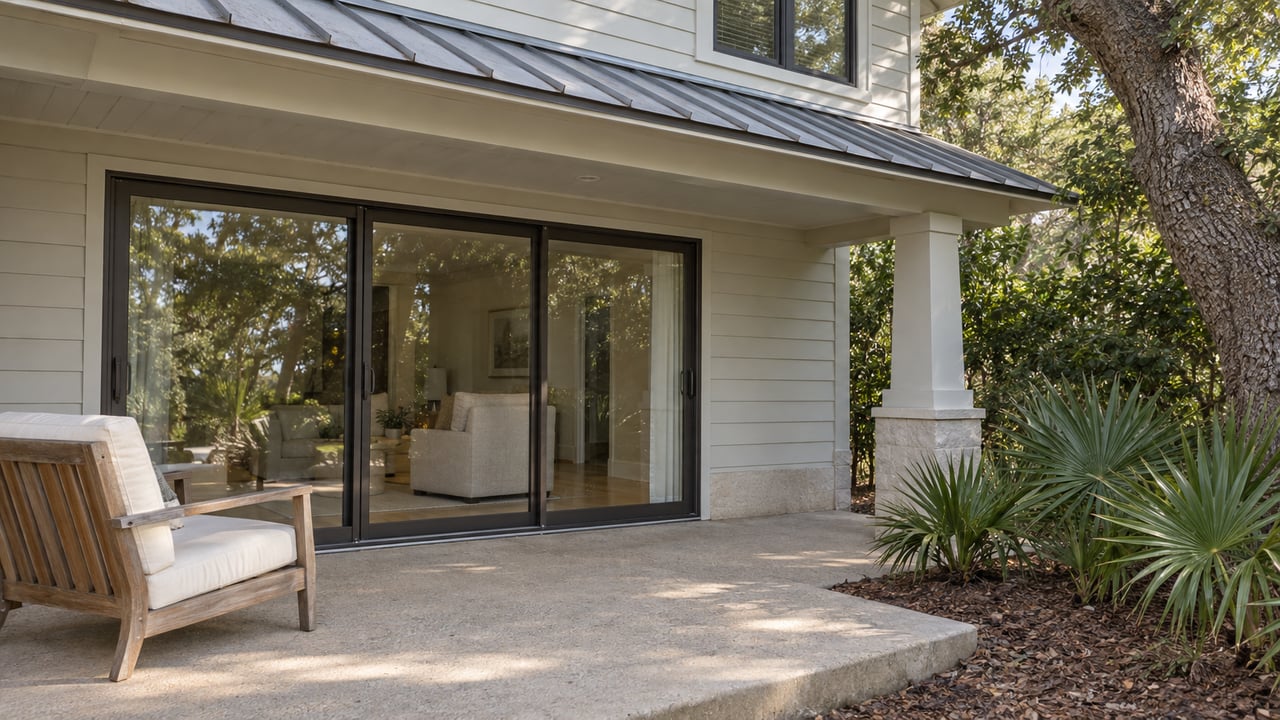 A pale-sided villa terrace with bronze-framed glass doors, a weathered teak lounge chair, and fan palms beside a mature live oak.