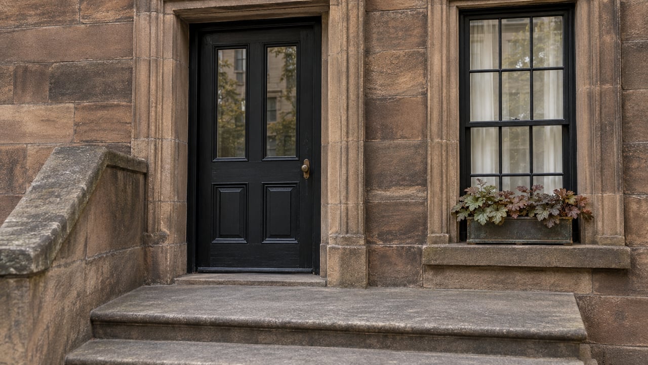 Warm sandstone townhouse entrance with a black glazed door, worn stone steps and bronze-green leaves in a window box.