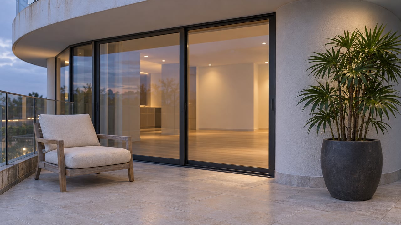 Close view of a curved white condominium terrace with closed glass doors, pale stone paving, a teak lounge chair and one potted lady palm at blue hour.