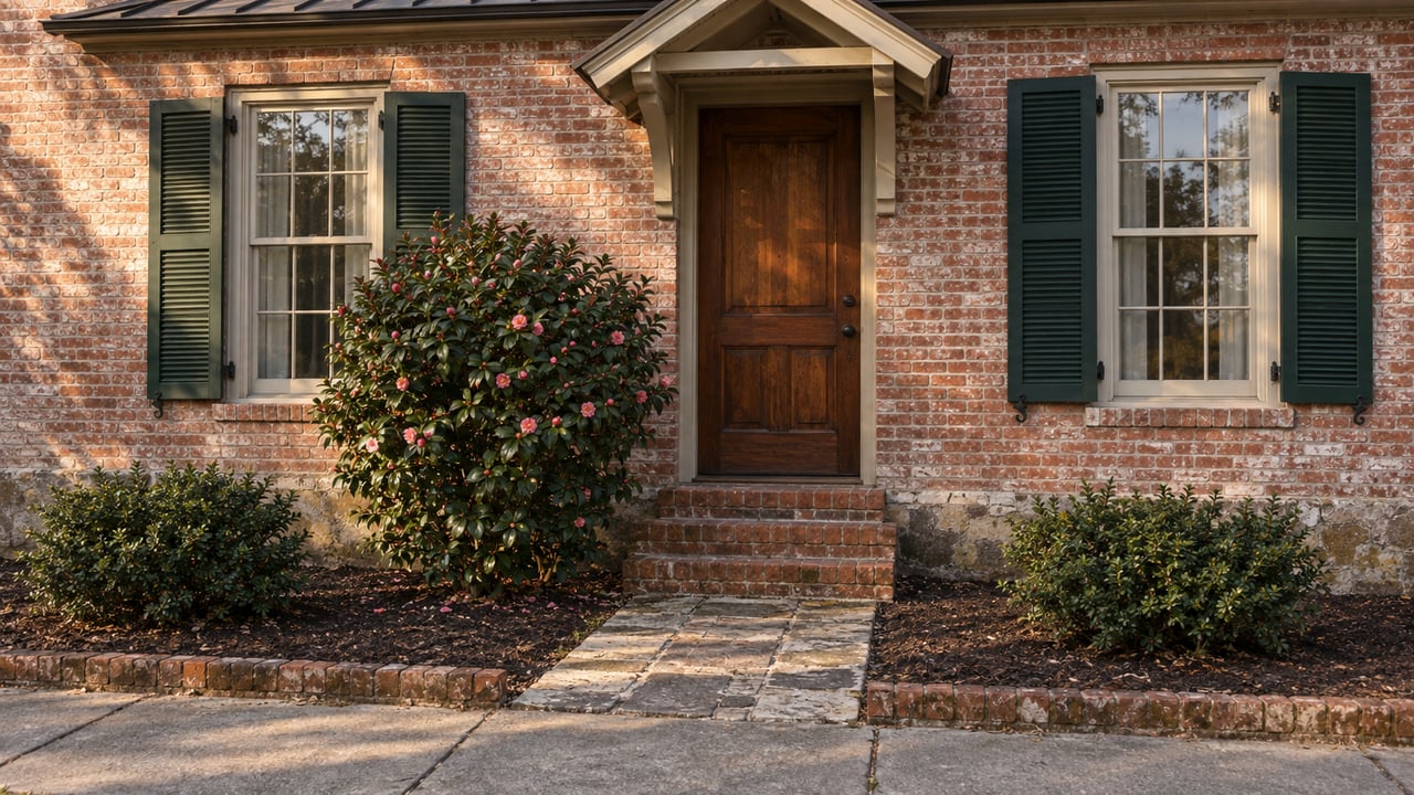 Weathered pale red brick house with green shutters, recessed wood door, brick steps, and neatly pruned shrubs.