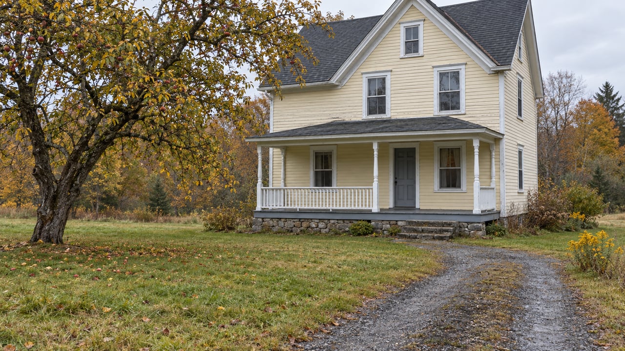 Older cream clapboard house with a shallow porch, gravel approach, and thinning autumn fruit tree.