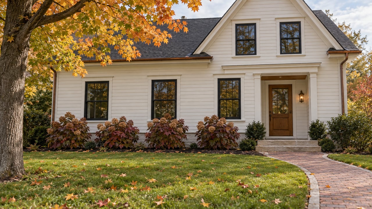 White clapboard home with black divided-light windows, an oak entrance and a brick approach across a deep autumn lawn beneath an orange-leaved maple.