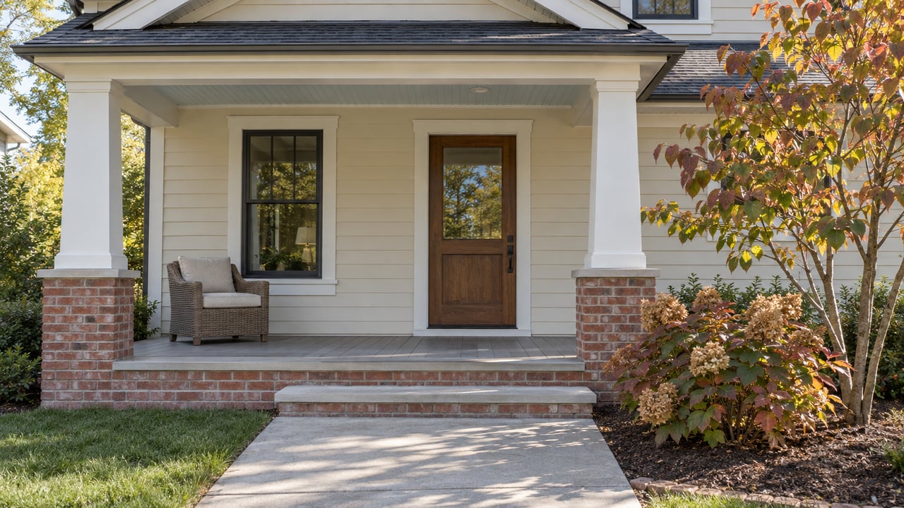 Sunlit gabled front porch with ivory siding, a wood entry door, brick steps and autumn redbud and oakleaf hydrangea planting.