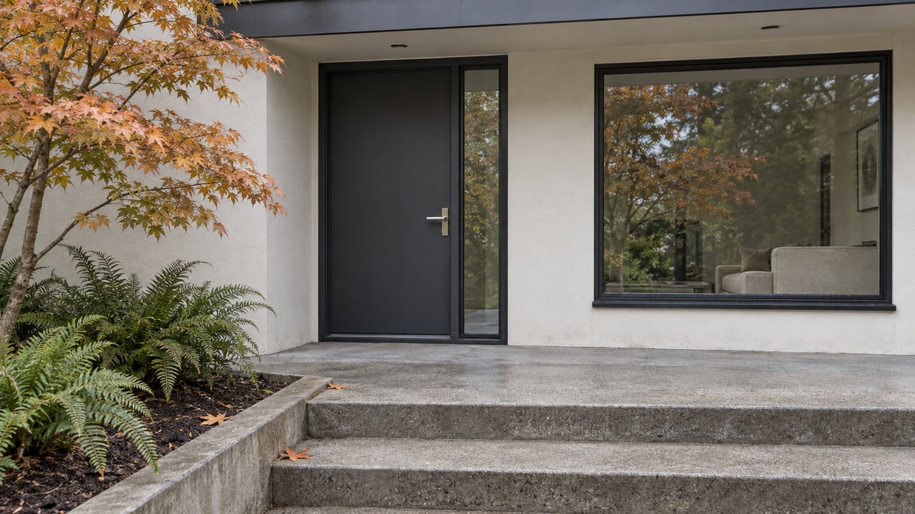 Contemporary off-white home entrance with charcoal door, black-framed glazing, concrete steps and an amber-leaved maple.