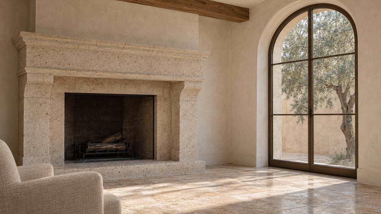 Sitting room with limestone fireplace, arched bronze window, oak beam, and olive tree beyond.