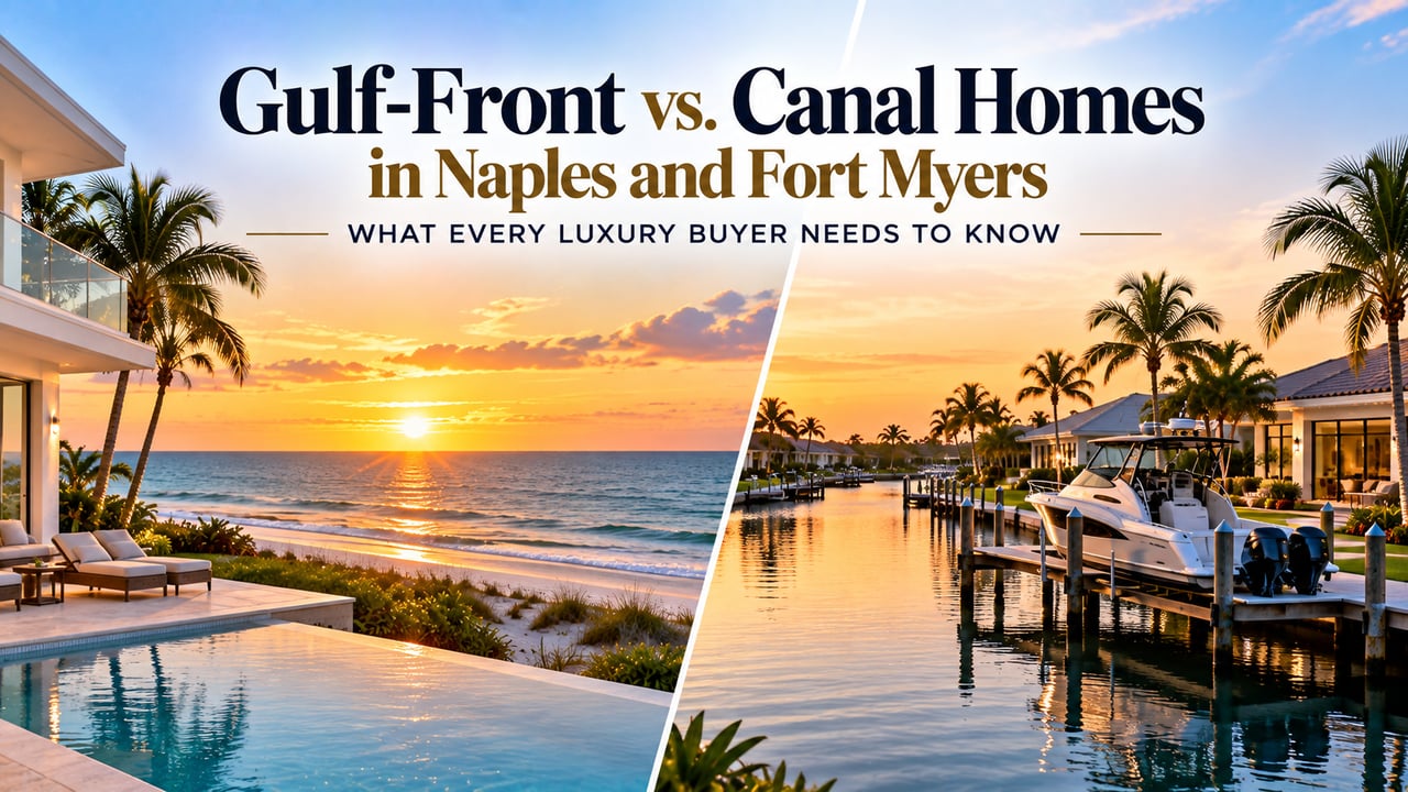 Side-by-side comparison of luxury waterfront homes in Naples and Fort Myers, Florida, featuring a Gulf-front estate with direct beach access and an infinity pool alongside a canal-front home with a private boat dock and yacht, highlighting the differences between beachfront living and Gulf-access boating lifestyles in Southwest Florida.