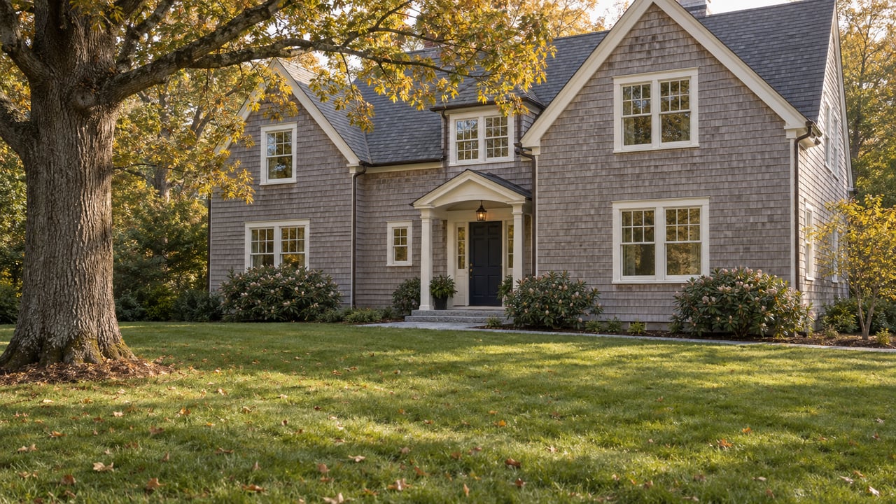 Weathered gray two-story house with a navy door, set beyond a lawn beneath a mature oak.