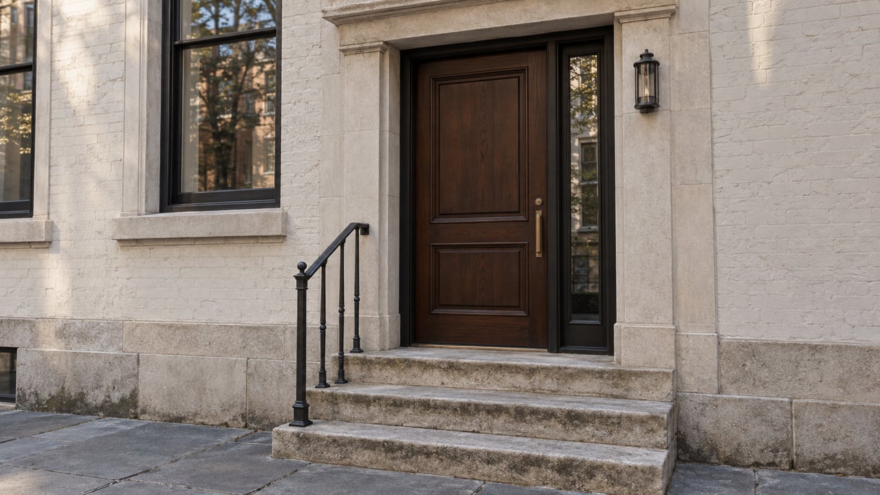 Closed dark walnut townhouse door with a glazed sidelight above three worn limestone steps and a bluestone sidewalk.