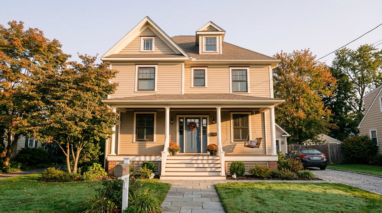 Two-story clapboard home with a wraparound porch, black shutters, gray roof, and red maple leaves overhead.