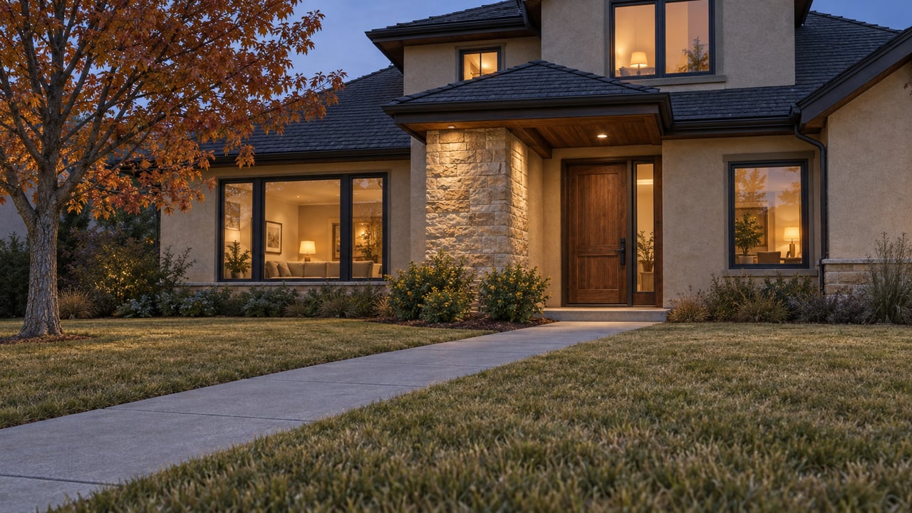 A stucco and sandstone home at dusk, with warm windows, a deep autumn lawn and an orange-leaved maple beside the approach.
