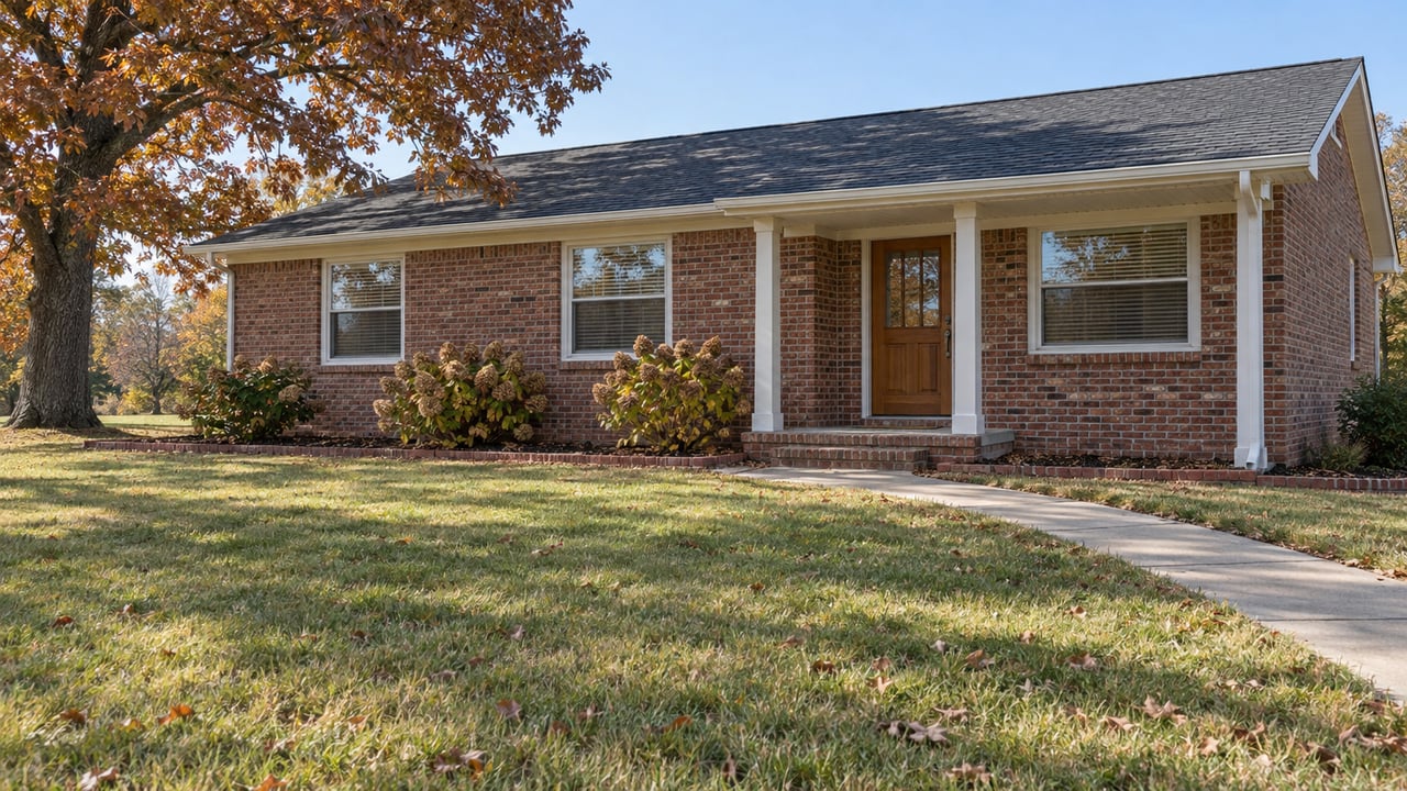 An established brick home behind a broad autumn lawn, with a shaded porch, oak tree and flowering foundation shrubs.
