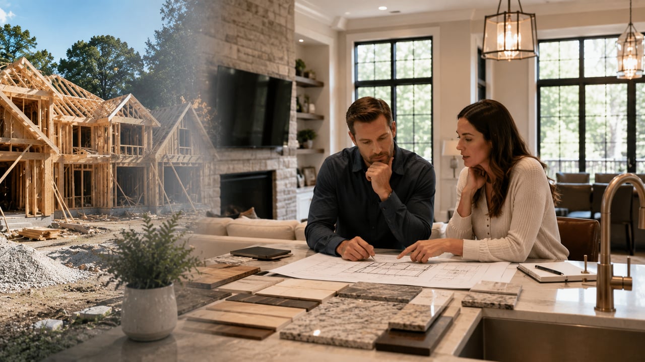 Couple reviewing architectural plans and luxury home finishes beside a new home under construction, illustrating the decision between building and buying a luxury home in Tennessee.