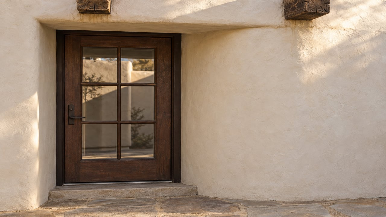 Deep ivory plaster doorway with a dark wooden glazed door, weathered timber beams and a buff sandstone landing.