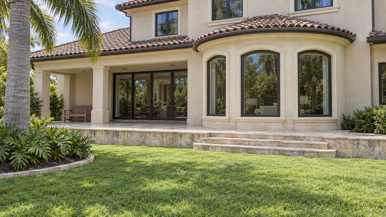 Cream stucco home with a rounded window bay, limestone terrace, deep green lawn, and a mature palm.